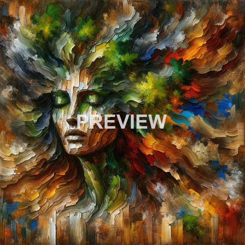 A surreal, abstract painting of a human face integrated with swirling, vibrant colors and organic shapes resembling foliage and natural elements.
